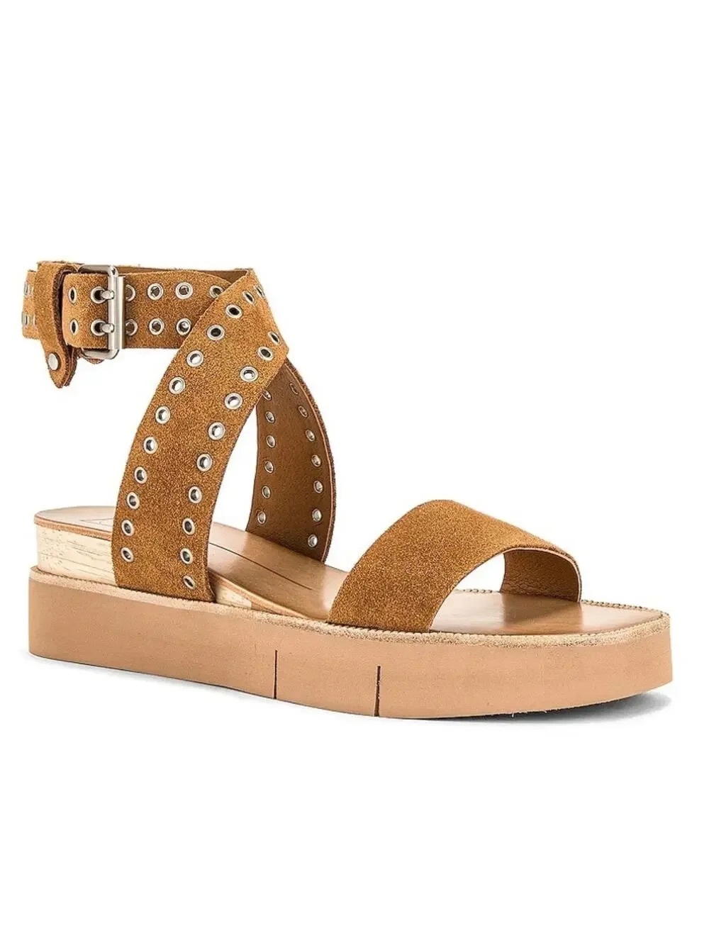 Dolce Vita Tan Suede Platform Ankle-Strap Sandal with Grommet Details